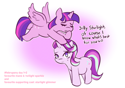 Size: 1072x754 | Tagged: safe, artist:burgeroise, character:starlight glimmer, character:twilight sparkle, character:twilight sparkle (alicorn), species:alicorn, species:pony, species:unicorn, dialogue, duo, eyes closed, female, floppy ears, head pat, mare, no pupils, open mouth, pat, smiling, spread wings, sweat, sweatdrop, wings