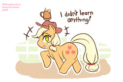Size: 1181x787 | Tagged: safe, artist:burgeroise, character:applejack, species:earth pony, species:pony, episode:the super speedy cider squeezy 6000, g4, my little pony: friendship is magic, cider, clothing, cowboy hat, fence, hat, holding head, i didn't learn anything