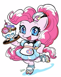 Size: 1618x2048 | Tagged: safe, artist:babtyu, character:pinkie pie, species:earth pony, species:pony, episode:coinky-dink world, eqg summertime shorts, g4, my little pony: equestria girls, my little pony:equestria girls, carhop, clothing, cute, diapinkes, dress, equestria girls ponified, female, food, heart eyes, ice cream, looking at you, mare, open mouth, ponified, roller skates, server pinkie pie, simple background, solo, tray, white background, wingding eyes