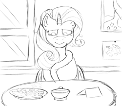 Size: 1089x951 | Tagged: safe, artist:anonymous, artist:happyartfag, character:rarity, species:pony, species:unicorn, /mlp/, 4chan, bacon, bacon and eggs, bathrobe, clothing, drawthread, egg (food), female, food, implied sweetie belle, monochrome, note, robe, solo, tea, teary eyes