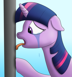 Size: 737x795 | Tagged: safe, artist:tech--pony, character:twilight sparkle, character:twilight sparkle (unicorn), species:pony, species:unicorn, crying, female, gradient background, mare, solo, tongue out, tongue stuck to pole, tongue stuck to something frozen