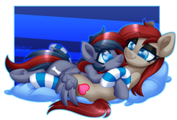 Size: 1876x1274 | Tagged: safe, artist:sickly-sour, oc, oc only, oc:doge, oc:ponepony, species:earth pony, species:pegasus, species:pony, clothing, cuddling, cute, eye contact, hug, looking at each other, on top, socks, striped socks