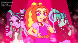 Size: 1772x977 | Tagged: safe, artist:burgeroise, character:adagio dazzle, character:aria blaze, character:sonata dusk, equestria girls:rainbow rocks, g4, my little pony: equestria girls, my little pony:equestria girls, evil grin, female, grin, looking at you, microphone, no pupils, singing, smiling, the dazzlings, under our spell