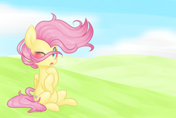 Size: 1200x800 | Tagged: safe, artist:distractedsketching, artist:theluckyangel, character:fluttershy, species:pegasus, species:pony, blushing, cute, female, folded wings, hooves to the chest, mare, one eye closed, open mouth, outdoors, shyabetes, sitting, solo, stray strand, three quarter view, windswept mane, wings