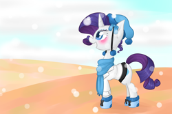 Size: 1200x800 | Tagged: safe, artist:distractedsketching, artist:theluckyangel, character:rarity, species:pony, species:unicorn, blushing, clothing, coat, cuffs (clothes), cute, female, hat, mare, open mouth, profile, raribetes, scarf, shoes, snow, snowfall, solo