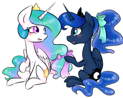 Size: 1000x800 | Tagged: safe, artist:distractedsketching, artist:theluckyangel, character:princess celestia, character:princess luna, species:alicorn, species:pony, alternate hairstyle, blushing, bow, crown, cute, cutelestia, duo, female, hair bow, jewelry, lunabetes, mane styling, mare, open mouth, ponytail, profile, regalia, royal sisters, siblings, simple background, sisterly love, sisters, sitting, transparent background