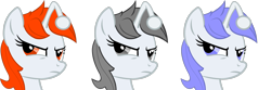 Size: 4242x1414 | Tagged: safe, artist:pinkiepi314, oc, oc only, oc:apathia, oc:discentia, oc:karma, species:pony, species:unicorn, female, high res, mare, ponified, reddit, simple background, solo, squint, transparent background, trio, vector