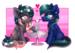 Size: 1762x1258 | Tagged: safe, artist:sickly-sour, oc, oc only, oc:ender, oc:star universe, species:pegasus, species:pony, episode:hearts and hooves day, g4, my little pony: friendship is magic, blushing, cookies and cream, cute, ear piercing, earring, ender's herd, ethereal mane, female, food, galaxy mane, heart, in love, jewelry, looking at each other, love, love is in the air, male, mare, milkshake, piercing, sharing a drink, simple background, stallion, stender, table, transparent background, whipped cream