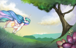 Size: 3488x2196 | Tagged: safe, alternate version, artist:colochenni, character:princess celestia, species:alicorn, species:pony, /mlp/, 4chan, cloud, drawthread, female, fisheye lens, flower, flowing mane, grass, mare, praise the sun, scenery, sky, solo, the ass was fat, tree, windswept mane