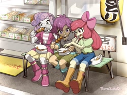 Size: 2048x1534 | Tagged: safe, artist:babtyu, character:apple bloom, character:scootaloo, character:sweetie belle, my little pony:equestria girls, boots, clothing, cutie mark crusaders, eating, female, food, japan, jeans, pants, shoes, shorts, sitting, skirt, trio, yakitori