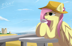 Size: 2560x1650 | Tagged: safe, artist:ssnerdy, character:fluttershy, species:pegasus, species:pony, beach, building, clothing, cloud, drink, drinking, female, flower, hat, mare, sky, solo, speedpaint available, straw