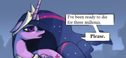 Size: 677x313 | Tagged: safe, artist:colochenni, character:twilight sparkle, character:twilight sparkle (alicorn), species:alicorn, species:pony, /mlp/, episode:the last problem, g4, my little pony: friendship is magic, dialogue, don't believe her lies, drawthread, immortality blues, jewelry, princess twilight 2.0, reaction image, regalia, simple background, speech bubble, steve lichman, text, tired