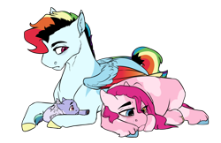 Size: 1280x831 | Tagged: safe, artist:minsona, character:pinkamena diane pie, character:pinkie pie, character:rainbow dash, oc, oc:blueberry muffin, parent:pinkie pie, parent:rainbow dash, parents:pinkiedash, ship:pinkiedash, crying, depression, female, implied omniship, lesbian, magical lesbian spawn, next generation, offspring, shipping, simple background, transparent background