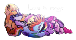 Size: 1280x681 | Tagged: safe, artist:minsona, character:applejack, character:fluttershy, character:pinkie pie, character:rainbow dash, character:rarity, character:twilight sparkle, character:twilight sparkle (alicorn), species:alicorn, species:pony, ship:omniship, cuddle puddle, cuddling, female, lesbian, mane six, polyamory, pony pile, shipping, simple background, transparent background