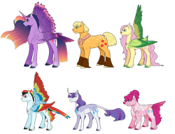 Size: 1280x984 | Tagged: safe, artist:minsona, character:applejack, character:fluttershy, character:pinkie pie, character:rainbow dash, character:rarity, character:twilight sparkle, character:twilight sparkle (alicorn), species:alicorn, species:classical unicorn, species:pony, species:unicorn, cloven hooves, curved horn, horn, leonine tail, mane six, redesign, ring, simple background, tail feathers, transparent background, unshorn fetlocks, wedding ring