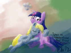 Size: 1086x803 | Tagged: safe, artist:obsequiosity, character:derpy hooves, character:twilight sparkle, species:pegasus, species:pony, species:unicorn, bubble, female, hug, mare, muffin, sitting