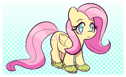 Size: 1509x928 | Tagged: safe, artist:burgeroise, character:fluttershy, species:pegasus, species:pony, blursed image, clothing, crocs, cute, female, looking at you, mare, no pupils, shoes, shyabetes, solo