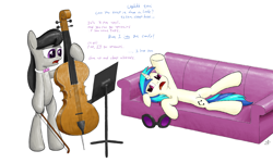 Size: 5000x3000 | Tagged: safe, artist:sheeppony, character:dj pon-3, character:octavia melody, character:vinyl scratch, ship:scratchtavia, cello, couch, dialogue, female, lesbian, musical instrument, shipping, text