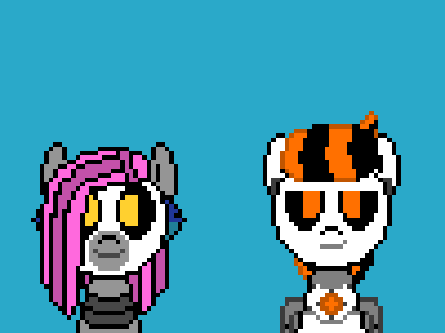 Size: 400x300 | Tagged: safe, artist:nukepony360, oc, oc only, oc:7a, oc:7b, species:pony, animated, female, height difference, male, pixel art, rivalry, robot, robot pony, siblings, simple background, smug, twins
