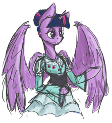 Size: 614x680 | Tagged: safe, artist:laptopdj, character:twilight sparkle, character:twilight sparkle (alicorn), species:alicorn, species:pony, clothing, dress, female, hair bun, semi-anthro, sketch, solo