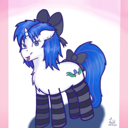 Size: 4096x4096 | Tagged: safe, artist:legionsunite, oc, oc only, oc:magenta pulse, species:pony, species:unicorn, bow, chest fluff, clothing, cute, female, mare, simple background, socks, solo, striped socks, tongue out