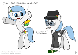 Size: 3764x2676 | Tagged: safe, artist:sheeppony, oc, oc only, oc:google chrome, species:pegasus, species:pony, :d, alcohol, beer bottle, browser ponies, cigarette, clothing, dialogue, duo, ear piercing, fedora, female, flying, google chrome, hat, incognito mode, mare, piercing, simple background, smiling, smoking, sunglasses, text, white background, worried