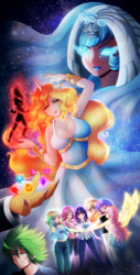 Size: 658x1300 | Tagged: safe, artist:kgfantasy, character:applejack, character:daybreaker, character:discord, character:fluttershy, character:pinkie pie, character:princess celestia, character:rainbow dash, character:rarity, character:spike, character:twilight sparkle, species:human, anime, anime style, breasts, busty daybreaker, busty princess celestia, element of generosity, element of honesty, element of kindness, element of laughter, element of loyalty, element of magic, elements of harmony, horn, horned humanization, humanized, mane seven, mane six, offscreen character, winged humanization, wings