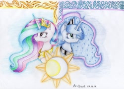 Size: 3451x2481 | Tagged: safe, artist:brilliant-luna, character:princess celestia, character:princess luna, species:alicorn, species:pony, bust, duo, female, jewelry, mare, profile, regalia, royal sisters, smiling, traditional art