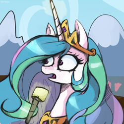 Size: 2000x2000 | Tagged: safe, artist:colochenni, character:princess celestia, species:alicorn, species:pony, crown, disturbed, drawthread, female, glowing horn, high res, horn, jewelry, magic, mare, meme, microphone, peytral, ponified meme, reaction image, regalia, solo, telekinesis