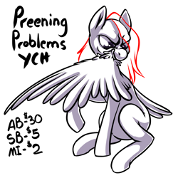 Size: 1500x1500 | Tagged: safe, artist:thrimby, species:pegasus, species:pony, angry, commission, frustrated, grooming, preening, simple background, solo, white background, wings, your character here