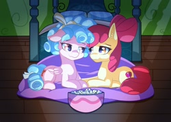 Size: 1920x1372 | Tagged: safe, artist:suziouwabami, character:apple bloom, character:cozy glow, species:earth pony, species:pegasus, species:pony, bed, bedroom, blanket, bow, bowl, cozybloom, female, food, lesbian, lights out, looking at each other, popcorn, prone, shipping, smiling, spotlight