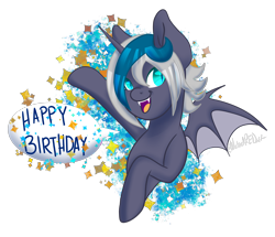 Size: 3196x2745 | Tagged: safe, artist:wicked-red-art, oc, oc only, oc:elizabat stormfeather, species:alicorn, species:bat pony, species:pony, alicorn oc, bat pony alicorn, bat pony oc, birthday, birthday gift, cute, cute little fangs, fangs, female, mare, open mouth, raised hoof, simple background, solo, transparent background