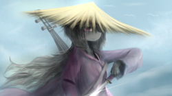 Size: 2500x1400 | Tagged: safe, artist:ssnerdy, character:octavia melody, species:anthro, clothing, female, hair over one eye, hat, katana, looking at you, musical instrument, samurai, scar, solo, sword, unsheathing, vaguely asian robe, weapon, windswept hair
