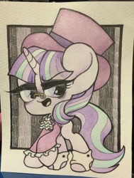 Size: 1552x2048 | Tagged: safe, artist:oc_ponys, character:snowfall frost, character:starlight glimmer, species:pony, species:unicorn, chibi, clothing, glasses, hat, spats, top hat, traditional art
