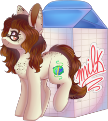 Size: 1866x2080 | Tagged: safe, artist:mxnxii, oc, oc only, oc:historic shine, species:earth pony, species:pony, commission, female, freckles, glasses, mare, milk carton, simple background, solo, transparent background