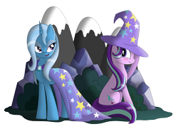 Size: 3912x2840 | Tagged: safe, artist:omnisimon11, character:starlight glimmer, character:trixie, species:pony, species:unicorn, ship:startrix, accessory swap, clothing, female, hat, lesbian, lidded eyes, shipping, simple background, smiling, transparent background, trixie's hat