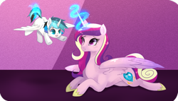 Size: 3239x1851 | Tagged: safe, artist:kraytt-05, character:princess cadance, oc, oc:zero fire, parent:princess cadance, parent:shining armor, parents:shiningcadance, species:alicorn, species:pony, alicorn oc, colt, cute, cutedance, female, glowing horn, horn, levitation, magic, male, mare, mother and child, mother and son, ocbetes, offspring, prone, telekinesis