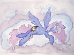 Size: 4032x3024 | Tagged: safe, artist:papersurgery, character:princess luna, species:alicorn, species:pony, cloud, female, looking at you, lying down, lying on a cloud, mare, on a cloud, solo, traditional art, watercolor painting