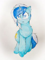 Size: 3024x4032 | Tagged: safe, artist:papersurgery, character:minuette, species:pony, species:unicorn, chest fluff, ear fluff, female, looking at you, mare, simple background, sitting, solo, traditional art, watercolor painting