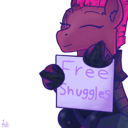 Size: 4096x4096 | Tagged: safe, artist:legionsunite, character:fizzlepop berrytwist, character:tempest shadow, species:pony, species:unicorn, armor, broken horn, bronybait, cute, female, free snuggles, horn, mare, scar, sign, simple background, sitting, solo, tempestbetes, transparent background, vector