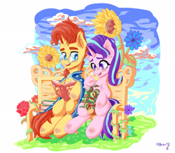 Size: 2500x2181 | Tagged: safe, artist:velcius, character:phyllis, character:starlight glimmer, character:sunburst, species:pony, species:unicorn, bench, book, cloud, ear fluff, female, flower, high res, leg fluff, male, mare, open mouth, potted plant, sitting, sky, stallion, sunflower