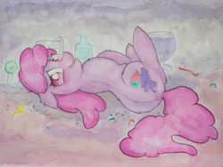 Size: 4032x3024 | Tagged: safe, artist:papersurgery, character:berry punch, character:berryshine, species:earth pony, species:pony, alcohol, female, looking at you, looking back, lying down, mare, solo, traditional art, watercolor painting