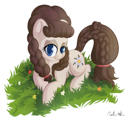 Size: 1150x1080 | Tagged: safe, artist:michinix, oc, oc only, oc:connie bloom, species:earth pony, species:pony, adorable face, big tail, blue eyes, brony, brown hair, convention, curly hair, cute, ebc, ebc 2020, edelweiss, eurobronycon, eurobronycon 2020, female, flower, grass, looking at you, lying down, mare, mascot, simple background, smiling, solo, tail, transparent background