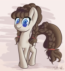 Size: 2086x2264 | Tagged: safe, artist:michinix, oc, oc only, oc:connie bloom, species:earth pony, species:pony, blue eyes, brown hair, convention, curly hair, cute, ebc, ebc 2020, eurobronycon, eurobronycon 2020, female, looking at you, mare, mascot, simple background, smiling, solo, standing