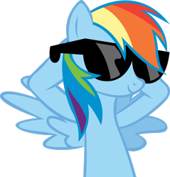 Size: 2392x2507 | Tagged: safe, artist:rainbowcrab, character:rainbow dash, species:pegasus, species:pony, episode:lesson zero, g4, my little pony: friendship is magic, bust, chillaxing, cool, female, hooves behind head, mare, relaxing, simple background, smiling, solo, sunglasses, transparent background, vector, wings