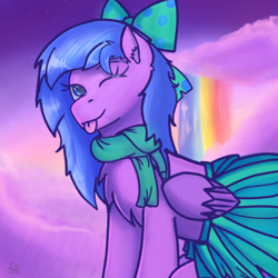 Size: 4096x4096 | Tagged: safe, artist:legionsunite, oc, species:pegasus, species:pony, bow, chest fluff, clothing, cloud, commission, cute, ear fluff, female, mare, one eye closed, rainbow waterfall, scarf, skirt, solo, stars, sunset, tongue out, wink