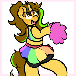 Size: 2500x2500 | Tagged: safe, artist:theawkwarddork, oc, oc only, oc:awkward dork, species:pony, species:unicorn, blushing, cheerleader, cheerleader outfit, clothing, crossdressing, ear fluff, femboy, freckles, heart eyes, makeup, male, open mouth, pom pom, pride, semi-anthro, simple background, smiling, solo, white background, wingding eyes