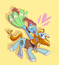Size: 2640x2898 | Tagged: safe, artist:ryuyo, character:meadowbrook, character:rockhoof, species:earth pony, species:pony, ship:rockbrook, g4, blushing, female, male, mare, open mouth, shipping, simple background, stallion, straight, yellow background