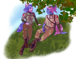 Size: 2000x1557 | Tagged: safe, artist:wicked-red-art, oc, oc only, oc:fukimo gen, oc:redheart cross, species:human, army, bag, belt, boots, clothing, commission, eared humanization, female, goggles, grass, grin, humanized, humanized oc, looking at each other, medic, pants, pony coloring, pouch, shirt, shoes, simple background, smiling, tailed humanization, transparent background, tree