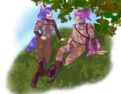 Size: 2000x1557 | Tagged: safe, alternate version, artist:wicked-red-art, oc, oc only, oc:fukimo gen, oc:redheart cross, species:human, army, bag, belt, boots, clothing, commission, eared humanization, female, goggles, grass, grin, humanized, humanized oc, looking at each other, medic, pants, pouch, shirt, shoes, simple background, smiling, tailed humanization, transparent background, tree